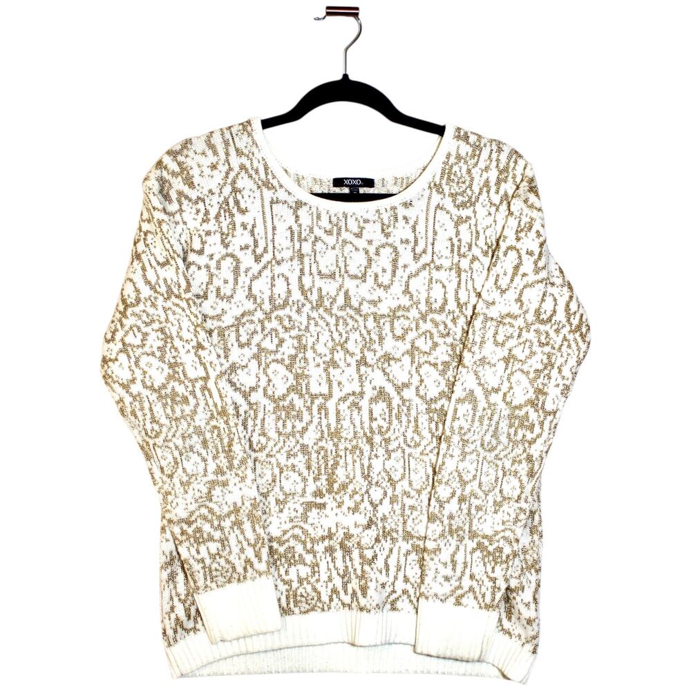 XOXO Gold White Crew Neck Holiday Sweater Medium